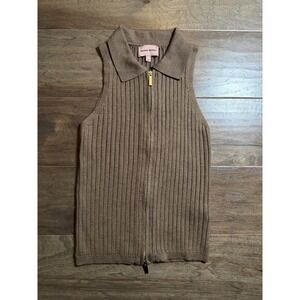 Romeo Romeo Womens Ribbed Sleeveless‎ Full Zip Polo Knit Top Taupe Brown Medium